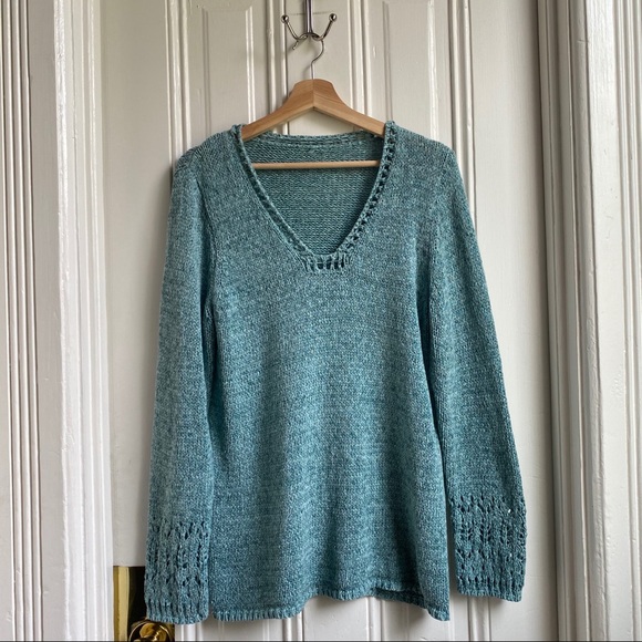 Chico’s Aqua Blue Crochet Knit V Neck Sweater - Picture 3 of 11